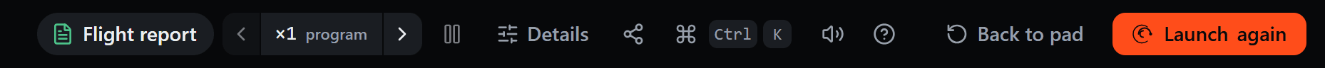 The right end of the top bar after a flight: a Flight report chip with a green icon, the time warp, the other controls, Back to pad and Launch again