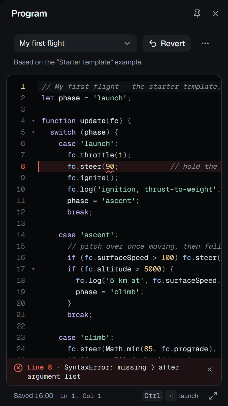 A syntax error on line 8, fc.steer(90; — the line is marked in red and underlined, and the bar under the editor reads Line 8 · SyntaxError: missing ) after argument list