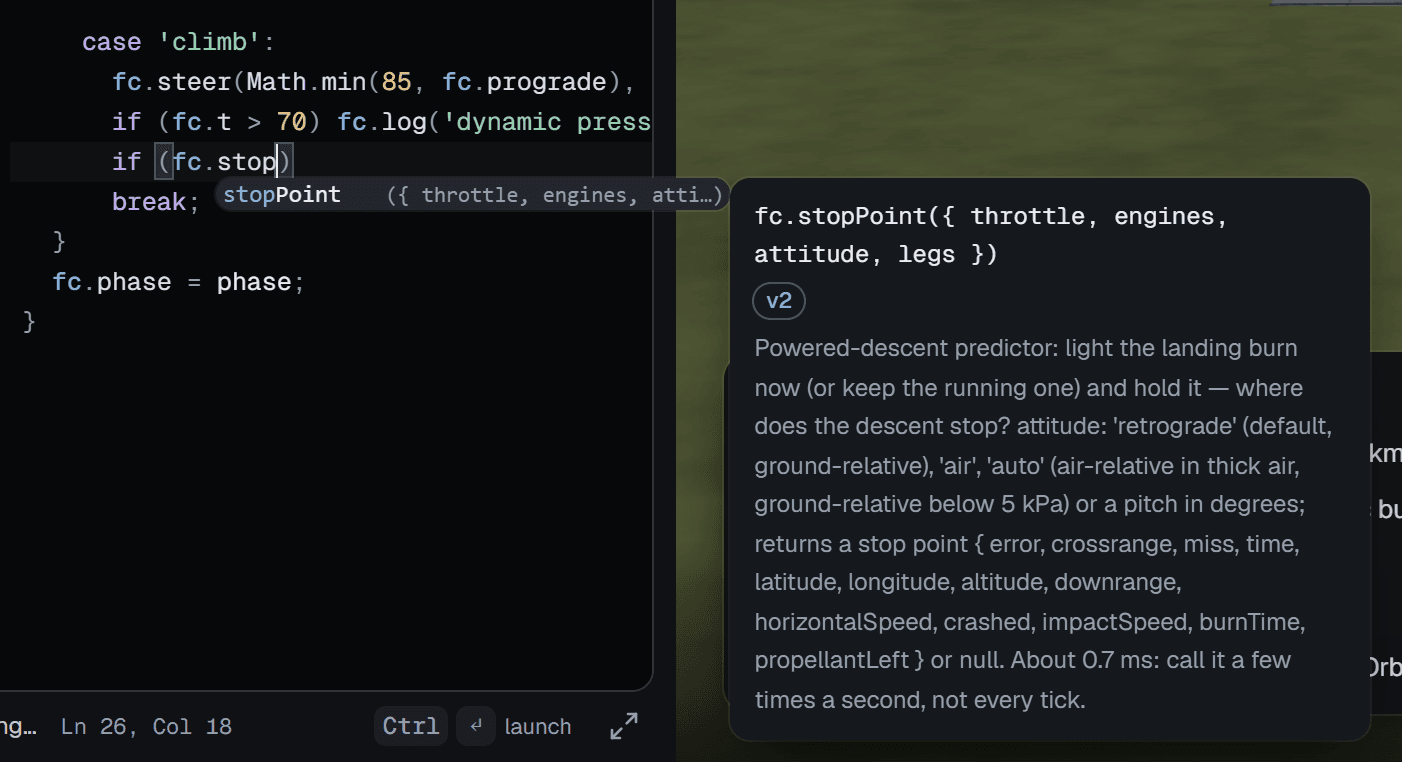 Typing fc.stop in the editor: the completion list offers stopPoint with its signature, and a card beside it describes fc.stopPoint with a v2 tag