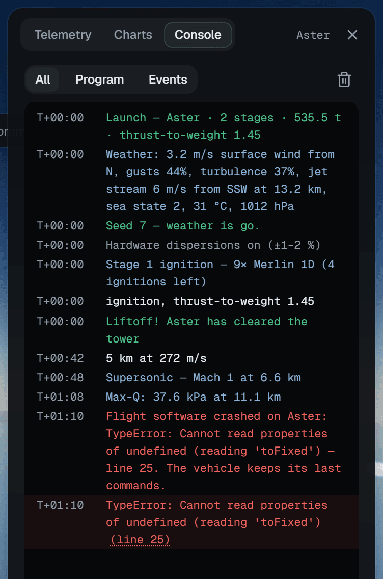 Details on the Console tab: the launch briefing in green and blue, the program's log lines in white, events such as Liftoff, Supersonic and Max-Q, and in red the crash of the flight software with a link to line 25