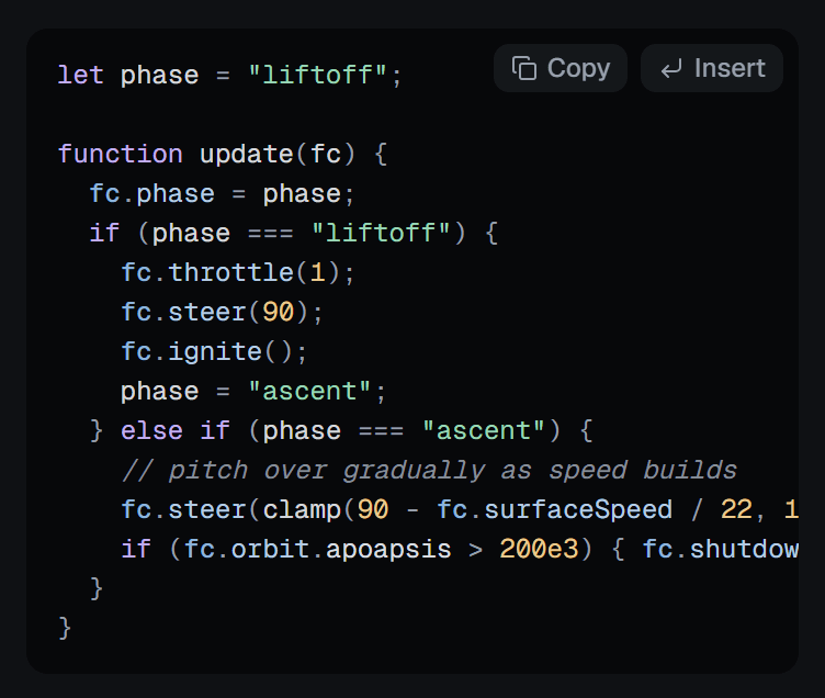 A code sample in the Docs panel with Copy and Insert buttons over its top right corner