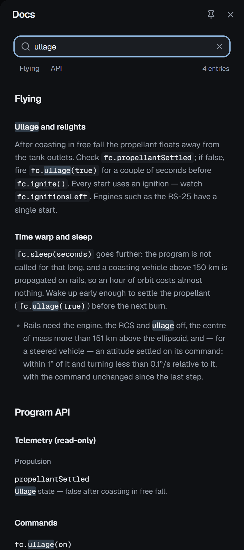 The Docs panel searching for ullage: 4 entries, with the word marked in the guide's section on ullage and relights, in the section on time warp and sleep, and in the Program API entries propellantSettled and fc.ullage