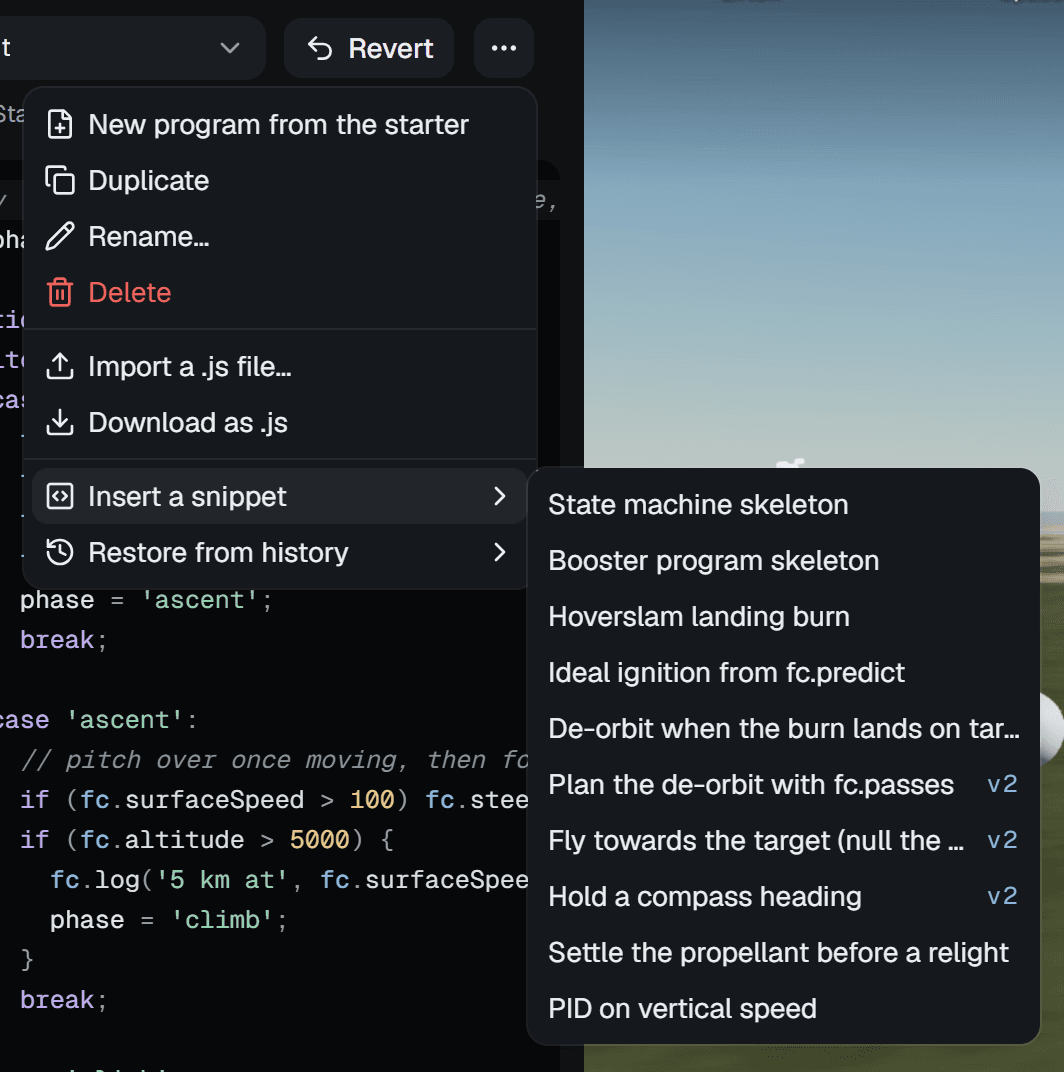 The program menu open: New program from the starter, Duplicate, Rename, Delete, Import a .js file, Download as .js, Insert a snippet with its submenu of ten snippets, and Restore from history