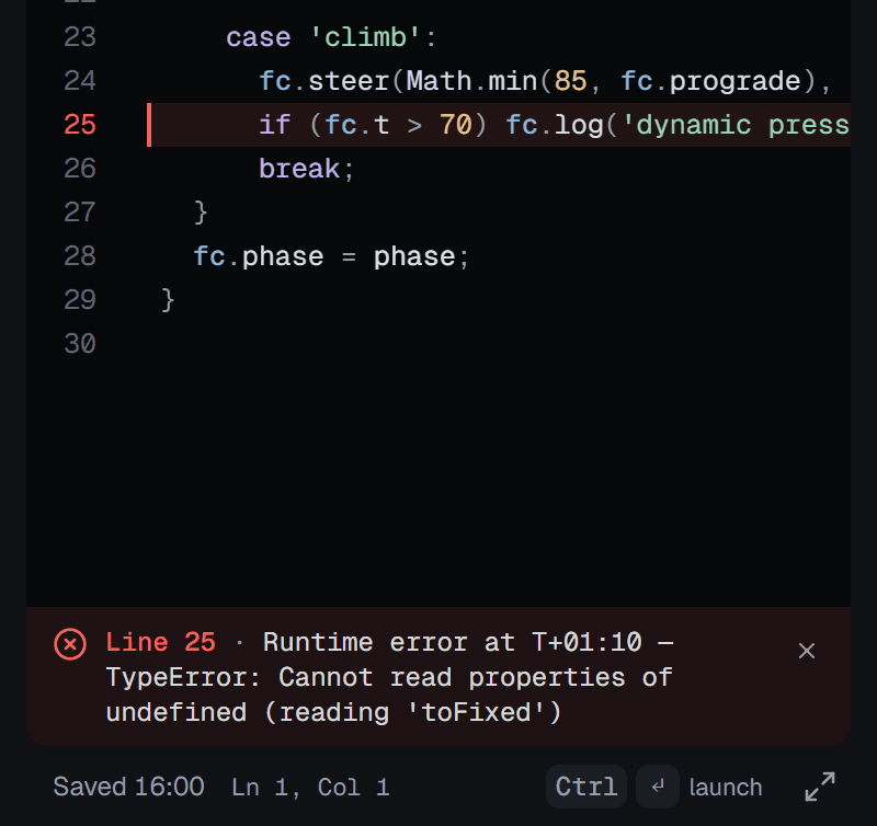 Line 25 marked in red, and the bar under the editor reading Line 25 · Runtime error at T+01:10 — TypeError: Cannot read properties of undefined (reading 'toFixed')