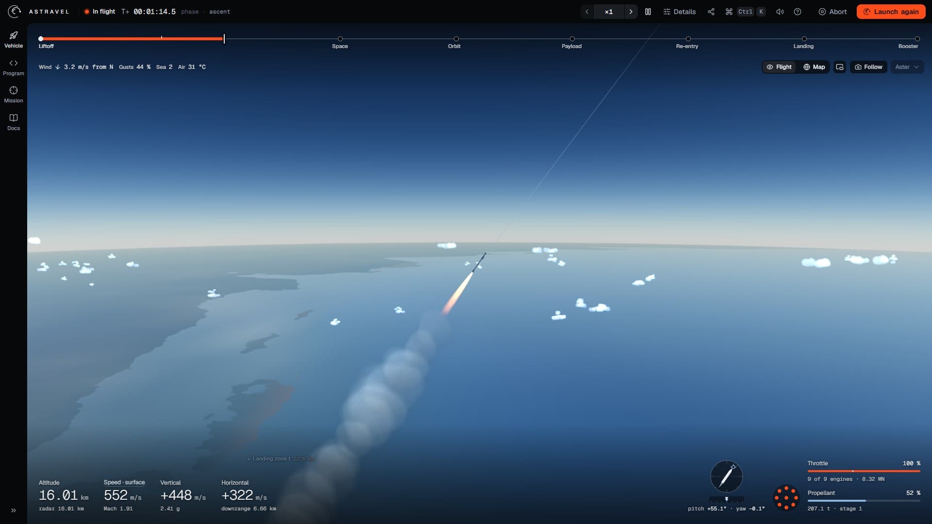 The playground during an ascent from Starbase at T+1 min 14 s: the top bar with In flight, the mission clock, phase ascent, the time-warp control and Launch again; the timeline rail across the top with the burn drawn in orange up to the now marker; a weather strip; the Flight, Map, inset map, camera and focus controls; the vehicle climbing over the Gulf coast on its exhaust; the altitude and speed readouts at the bottom left; the attitude dial, the engine map with nine lit engines, and the throttle and propellant bars at the bottom right