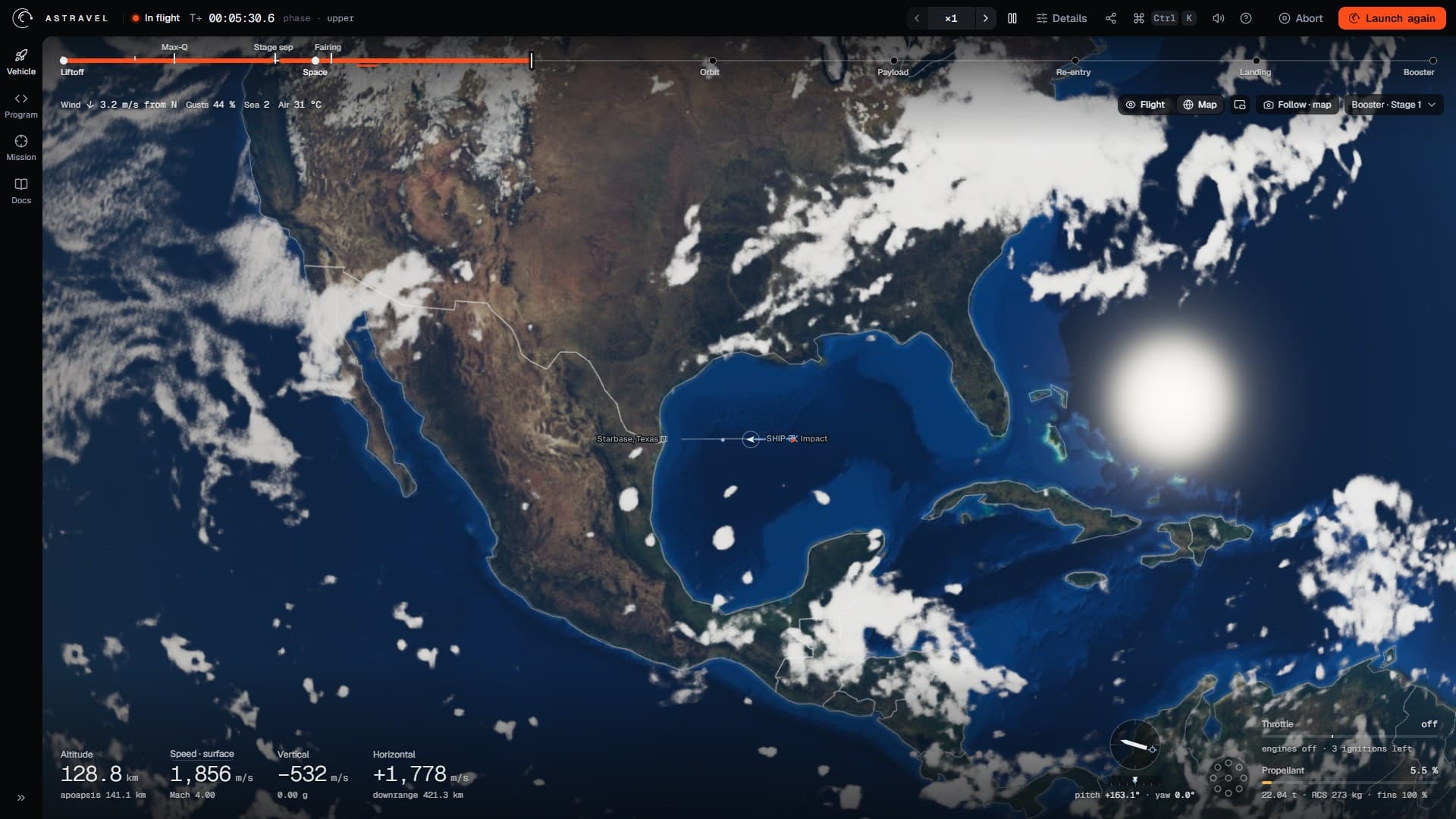 The map view zoomed on the Gulf of Mexico with the booster in focus, five and a half minutes into the flight: Starbase, Texas on the coast, the booster's chevron over the Gulf, its predicted path running east to the drone ship, and a cross labelled Impact on the ship's marker