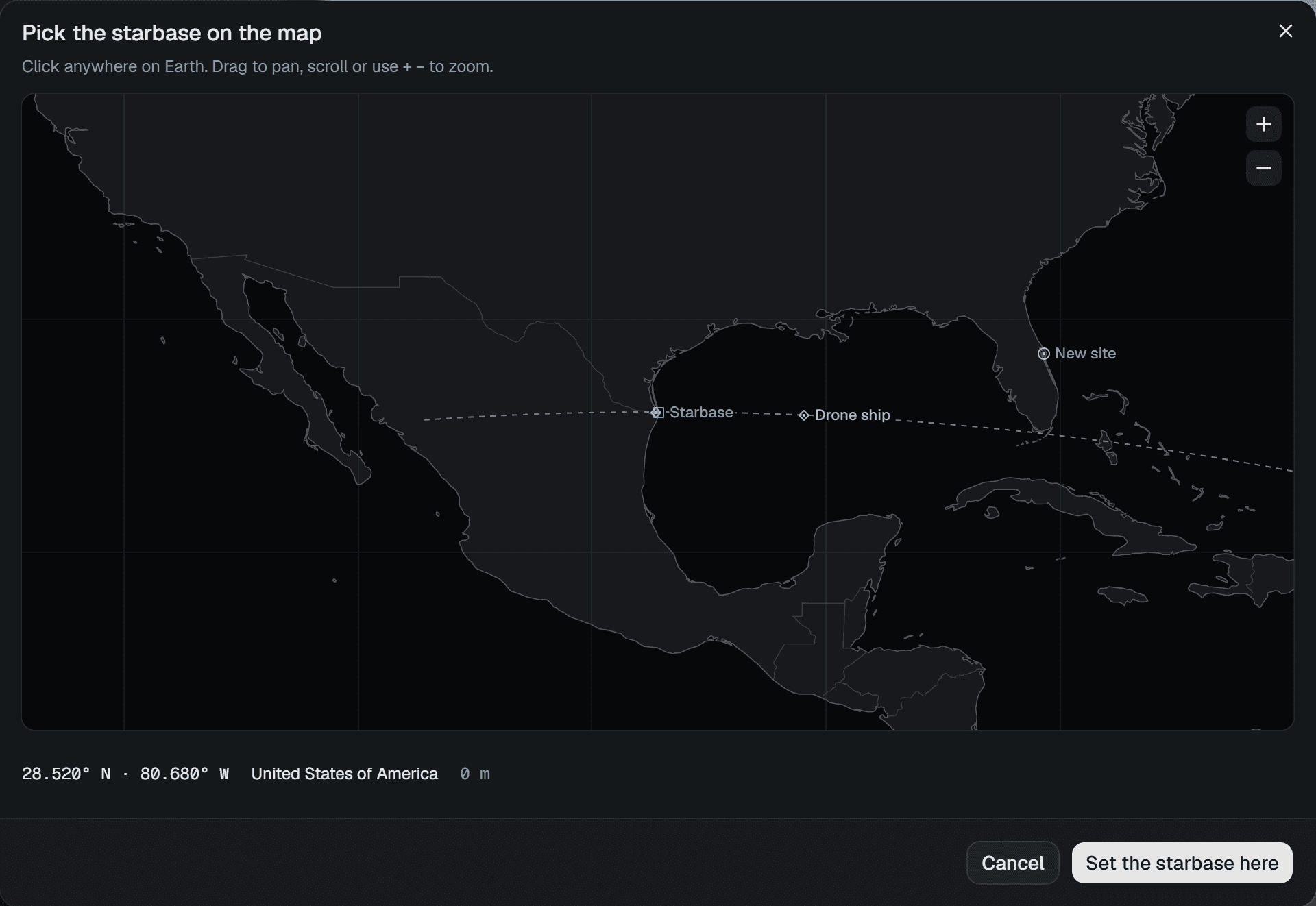 The Pick the starbase on the map dialog: a dark map of North America and the Gulf of Mexico with Starbase, the drone ship and the dashed launch great circle marked, a pin labelled New site on the Florida coast near Cape Canaveral, a readout reading 28.520° N · 80.680° W, United States of America, 0 m, and Cancel and Set the starbase here buttons