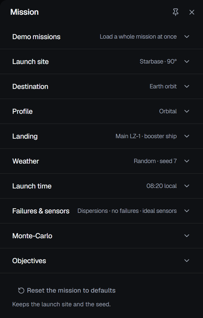 The Mission panel with every section folded: Demo missions, Launch site (Starbase · 90°), Destination (Earth orbit), Profile (Orbital), Landing (Main LZ-1 · booster ship), Weather (Random · seed 7), Launch time (08:20 local), Failures & sensors (Dispersions · no failures · ideal sensors), Monte-Carlo and Objectives, with Reset the mission to defaults at the foot