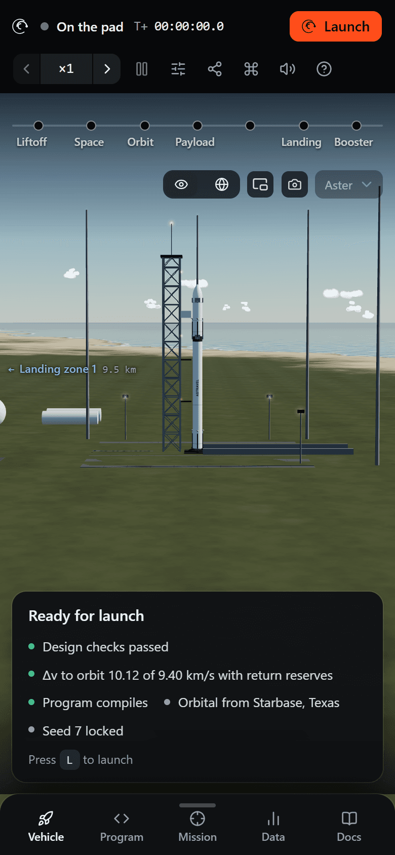The playground on a phone, on the pad: two rows of top bar, the rocket, the readiness card and the tab bar of the drawer