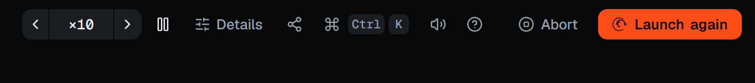 The right-hand end of the top bar: the time-warp control at ×10, pause, Details, share, the command palette, sound, keyboard shortcuts, Abort and Launch again