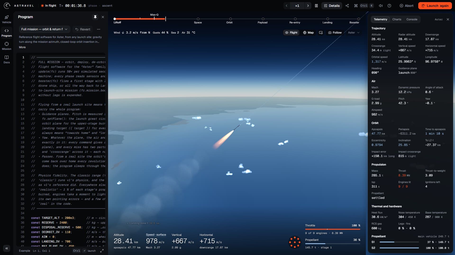 The playground during a flight: the top bar, the rail and the Program panel on the left, the rocket climbing in the middle with the timeline above it and readouts below, and the Details sheet on the right