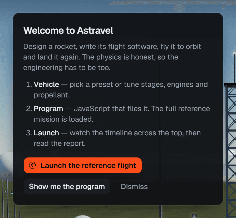 The welcome card: Welcome to Vivapse, three numbered steps, and the buttons Launch the reference flight, Show me the program and Dismiss